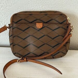 Fossil Crossbody Bag Brown Monogram Print Coated Canvas Double Zip